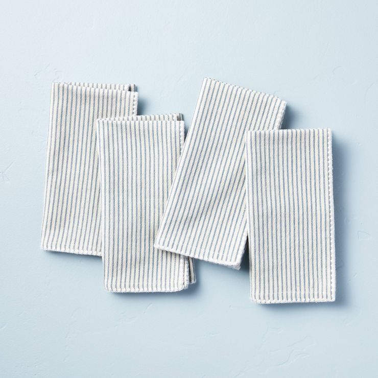 4pk Tick Stripe Cloth Napkin Set Blue/Sour Cream - Hearth & Hand™ with Magnolia | Target