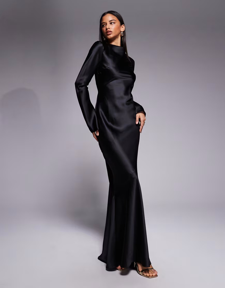 Daska satin bias long sleeve seam detail maxi dress in black | ASOS (Global)