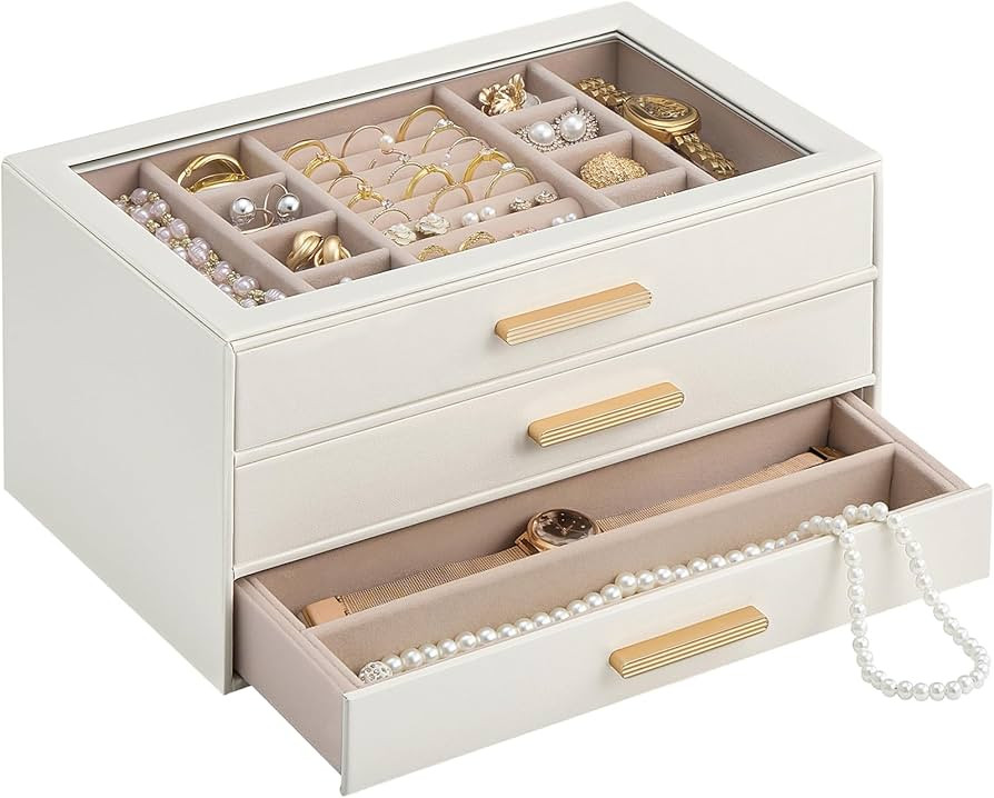 Lolalet Jewelry Box Organizer, 3-Layer Jewelry Organizers and Storage Case with Glass Lid, Ring E... | Amazon (US)