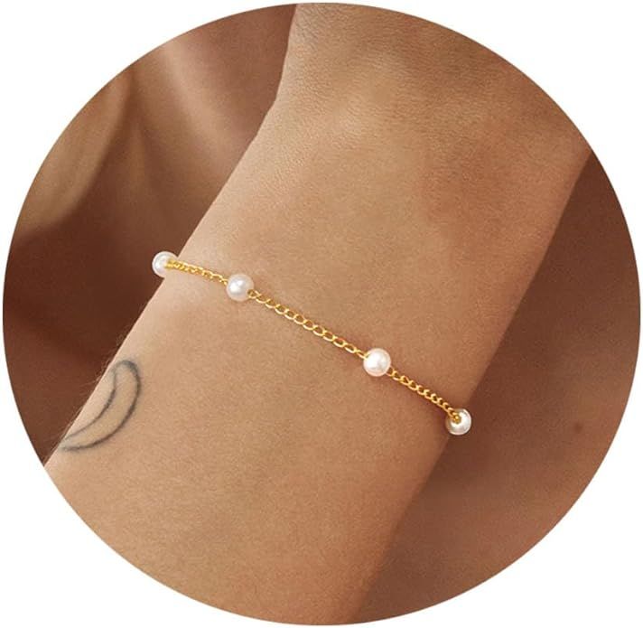 Bolinailo Gold Tiny Pearl Bracelet 18K Gold Plated Cultured Pearls Bracelets for Women Dainty Adj... | Amazon (US)