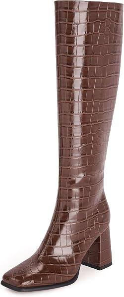 Womens Knee High Boots Square Toe Chunky Heel Tall Boots, Brown, 9 | Amazon (US)