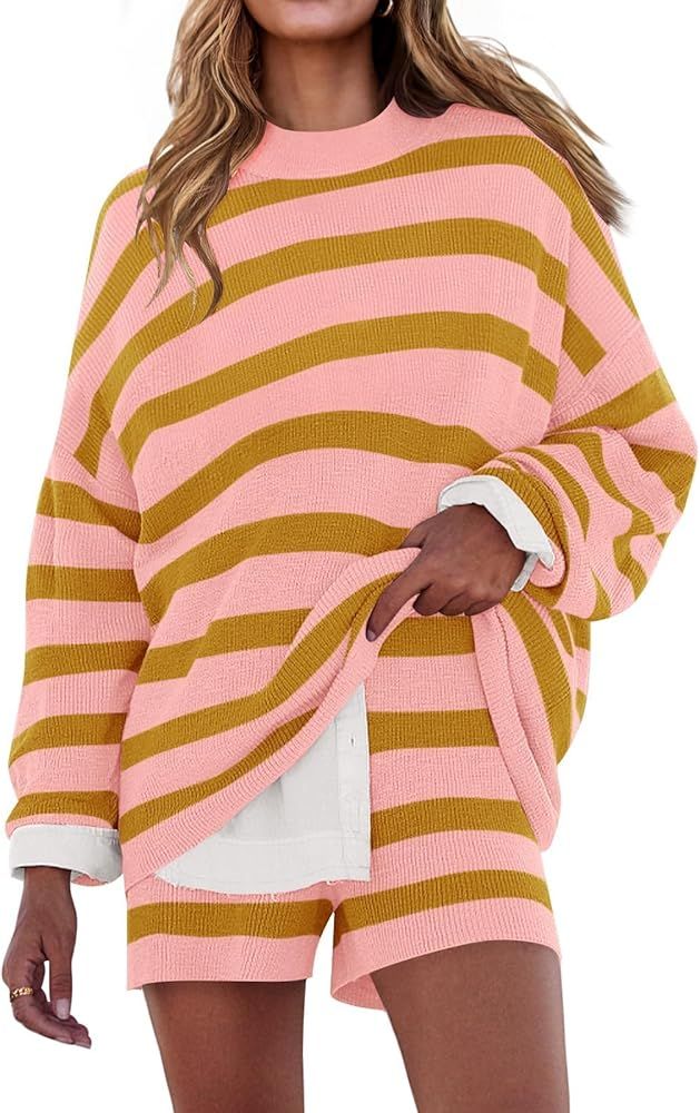 ZESICA Striped Lounge Sets for Women 2 Piece Oversized Outfits Long Sleeve Tops and Shorts Sweate... | Amazon (US)