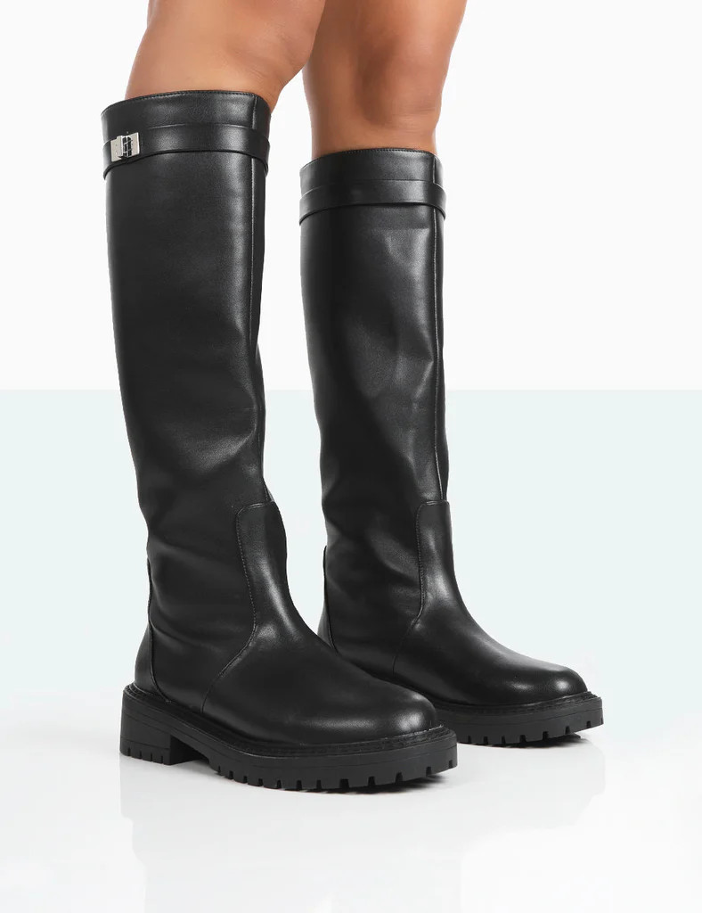 More Fun Black PU Round Toe Knee High Boots | Public Desire (US & CA)