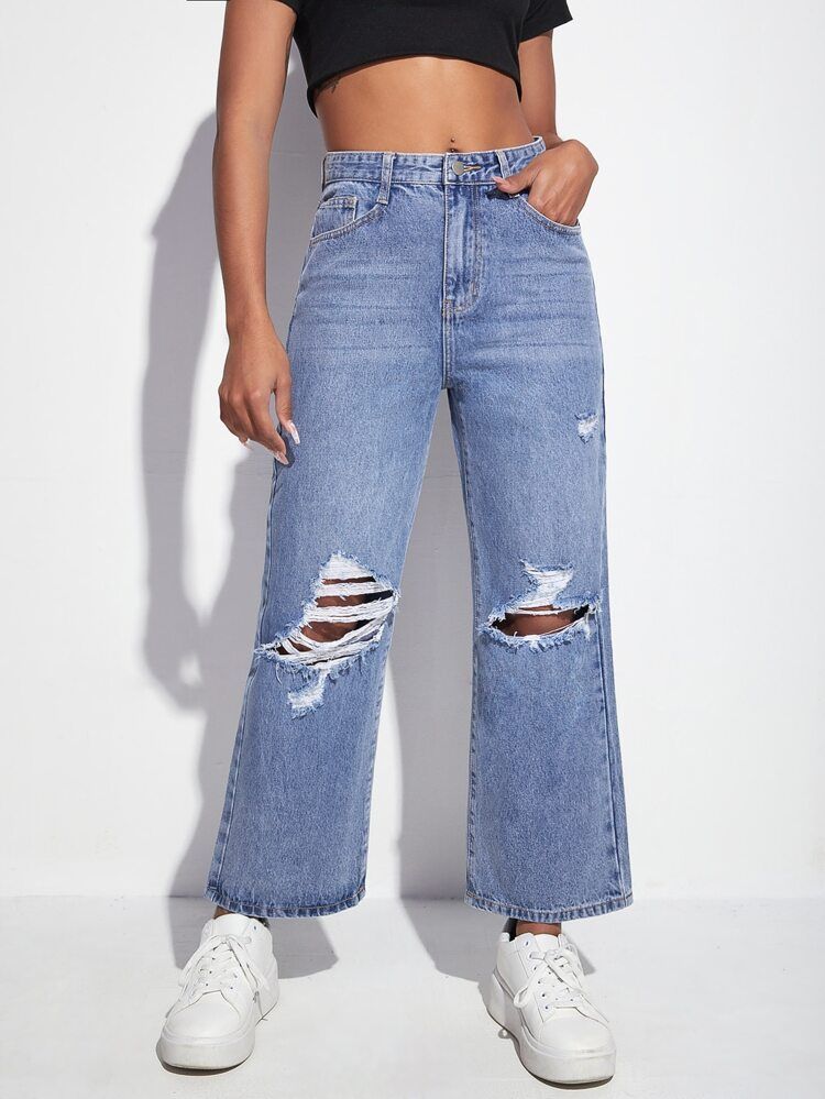 Ripped Wide Leg Cropped Jeans | SHEIN