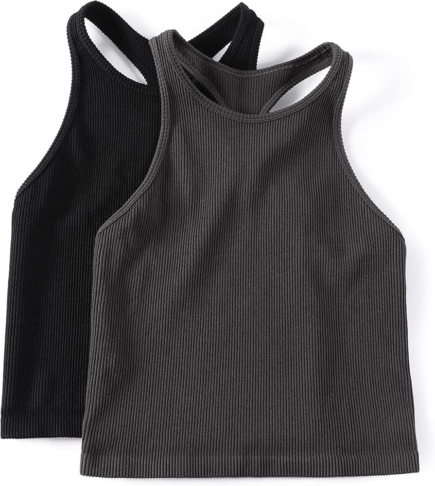 ODODOS Women's Crop 3-Pack Washed Seamless Rib-Knit Camisole Crop Tank Top | Amazon (US)