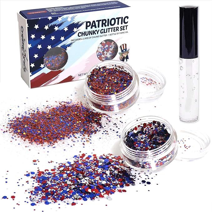 USA Chunky Glitter Kit for Face Body Nail Hair Eyes (2 Jars x 5g - Blue, Red & White) for America... | Amazon (US)