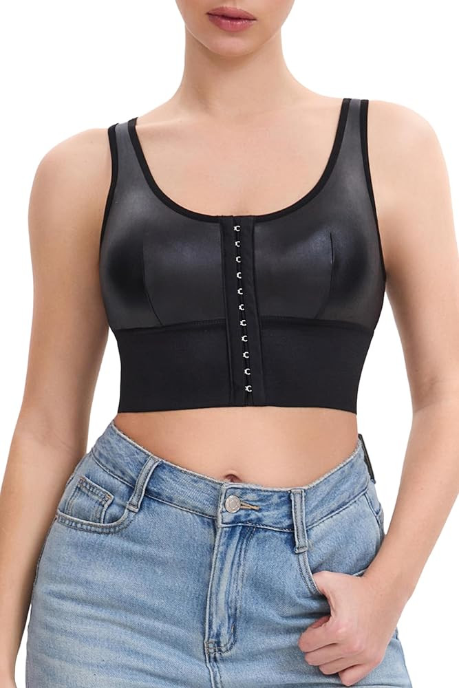 Faux Leather Crop Tank Top for Women, Front Hook Corset Style Going Out Top, Y2K Trendy Clubwear ... | Amazon (US)