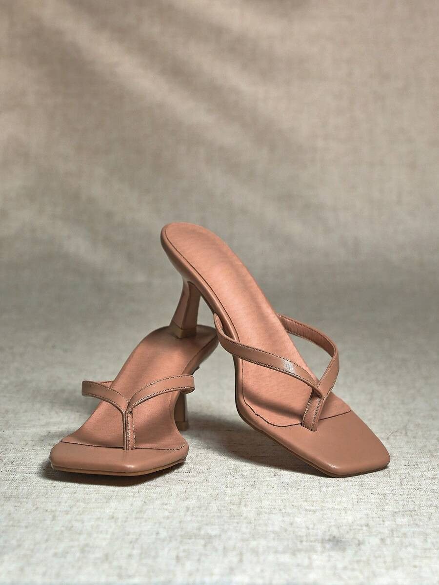 SHUZIA Clean Girl Aesthetic Kitten Heel Square Toe Slip-Ons Pu Nude Thong Strap Sandals -Sophisti... | SHEIN