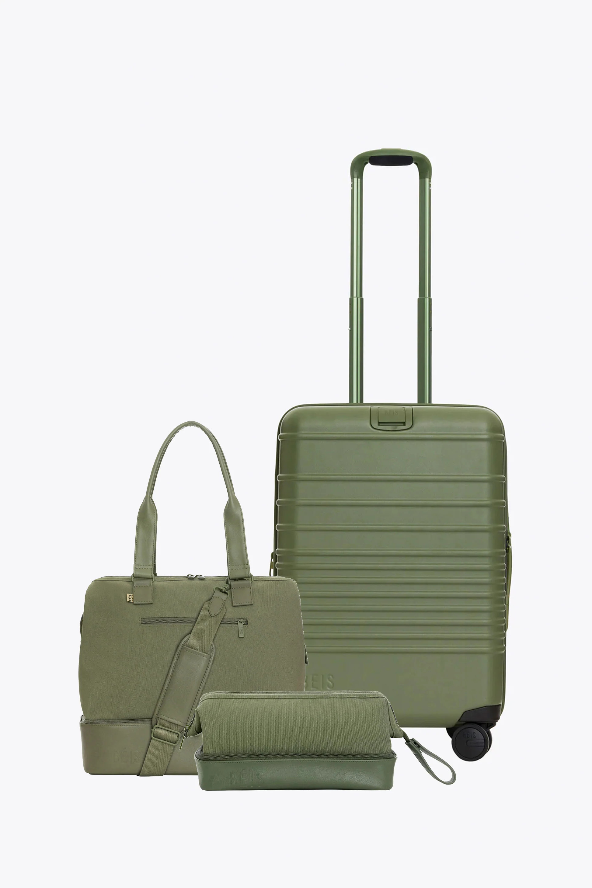 BÉIS 'The Carry-On Essential Set' in Olive - 21" Carry On Roller, Mini Weekender & Dopp Kit Set | BEIS
