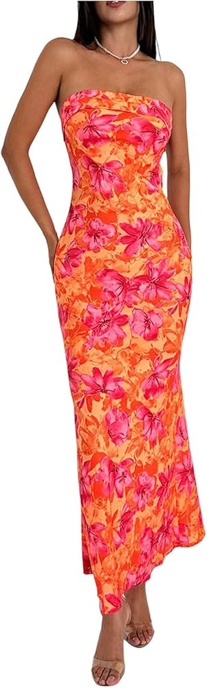 GORGLITTER Women's Floral Dress Ruched Strapless Bodycon Maxi Dresses | Amazon (US)