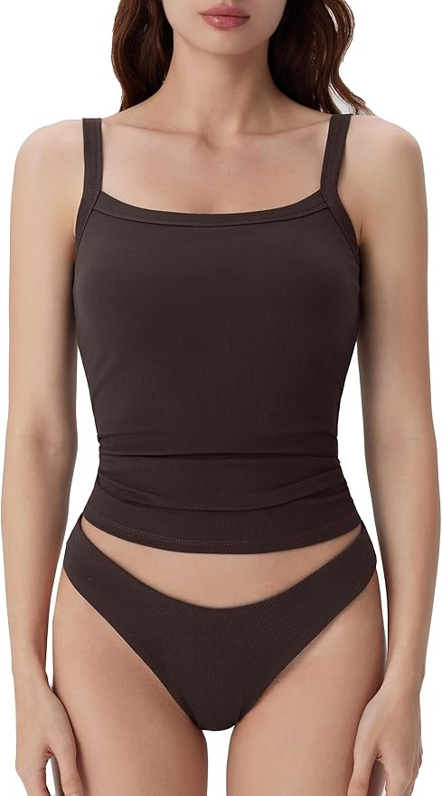 SUUKSESS Women Cotton Rib Padded Tank Tops Sleeveless Spaghetti Strap Square Neck Tops Summer Cam... | Amazon (US)