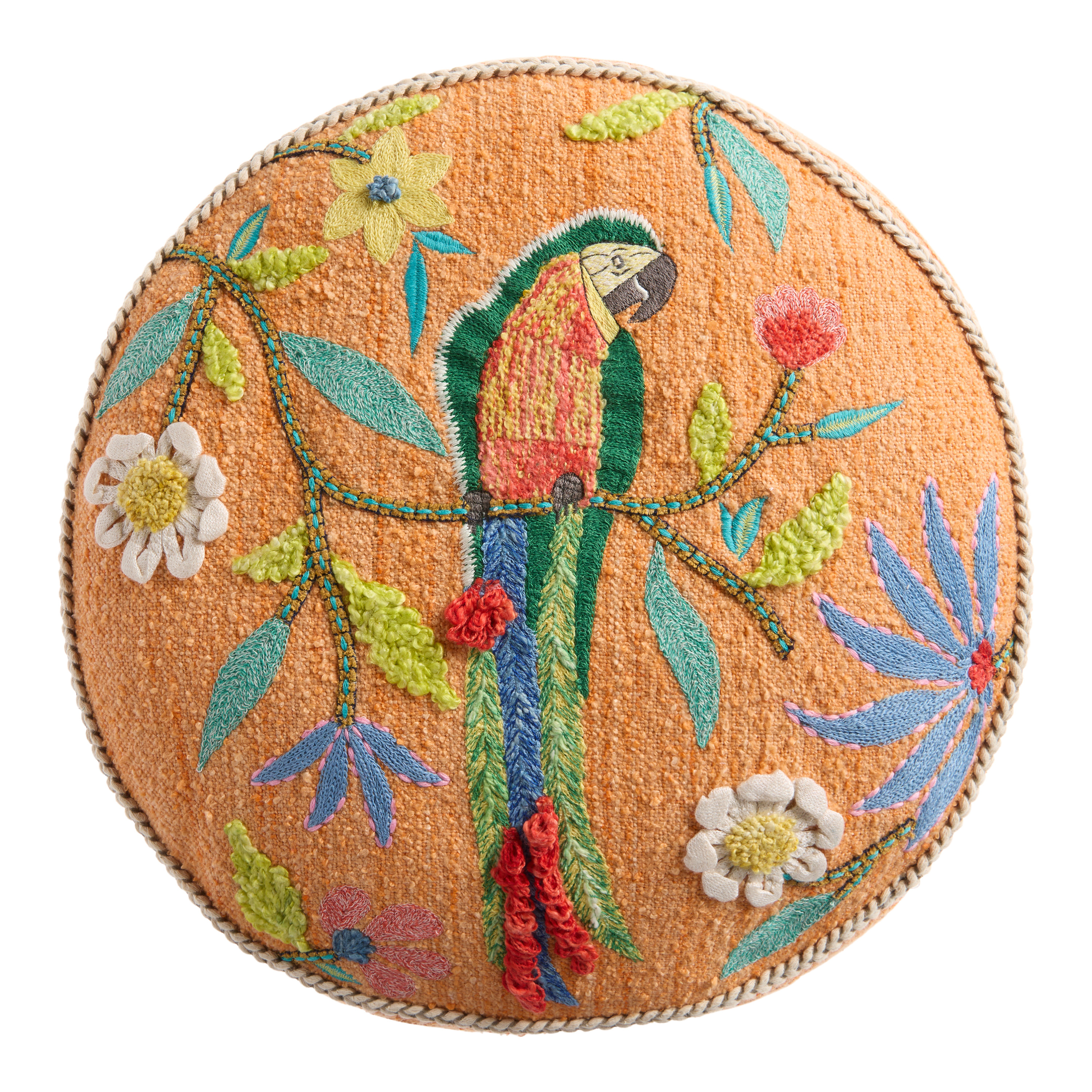 Round Orange Parrot Embroidered Indoor Outdoor Throw Pillow | World Market