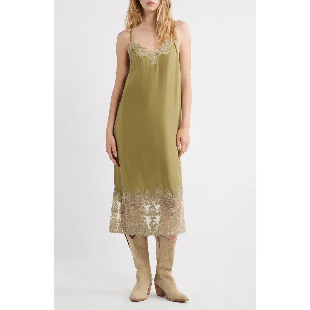THE GREAT. The Legacy Lace Detail Silk Slipdress in Light Olive/cream at Nordstrom, Size 0 | Nordstrom