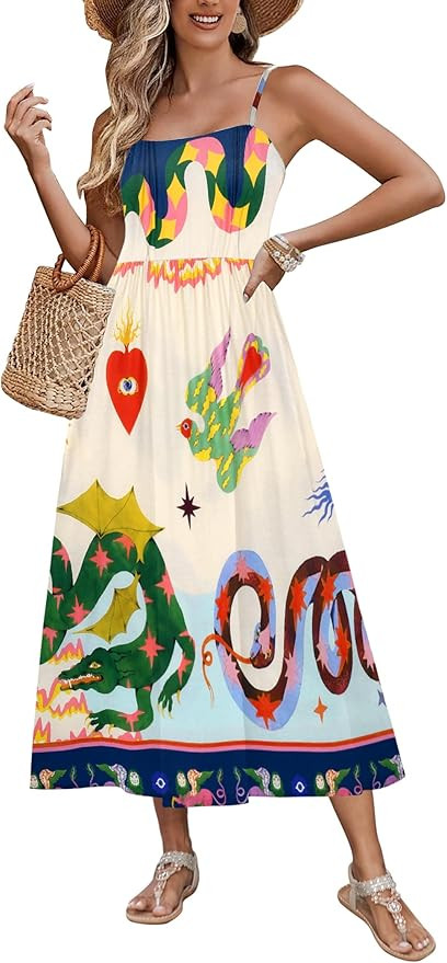 Zeagoo Women's Summer Casual Boho Sundress Spaghetti Strap Square Neck Flowy Midi Dresses A Line ... | Amazon (US)