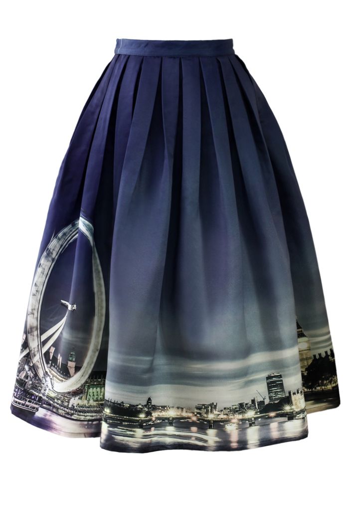 Night Skyline of London Print Midi Skirt | Chicwish