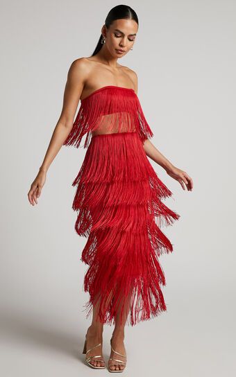 Amalee Fringe Strapless Crop Top and Midi Skirt Two Piece Set in Red | Showpo (US, UK & Europe)