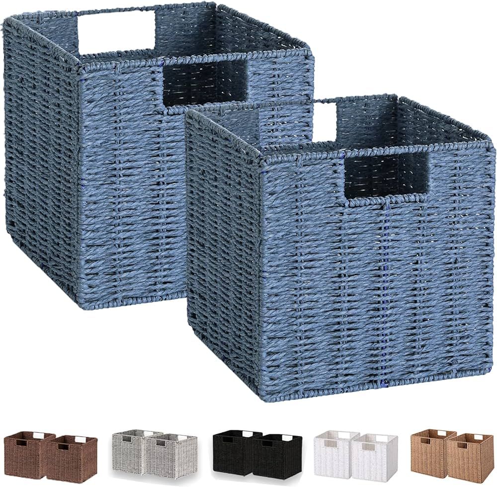 Vagusicc Wicker Storage Basket, Set of 2 Hand-Woven Storage Baskets for Shelves with Handles, Fol... | Amazon (US)