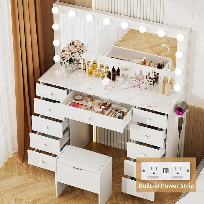 Amazon.com: VOWNER Vanity with Lighted Mirror - Makeup Vanity Desk with 11 Drawers and Outlet, 3 ... | Amazon (US)