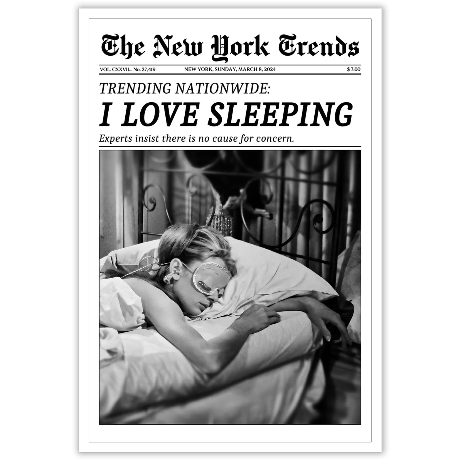Vintage Black And White Newspaper Canvas Wall Art I Love Sleeping Posters Retro New York Times Fe... | Amazon (US)