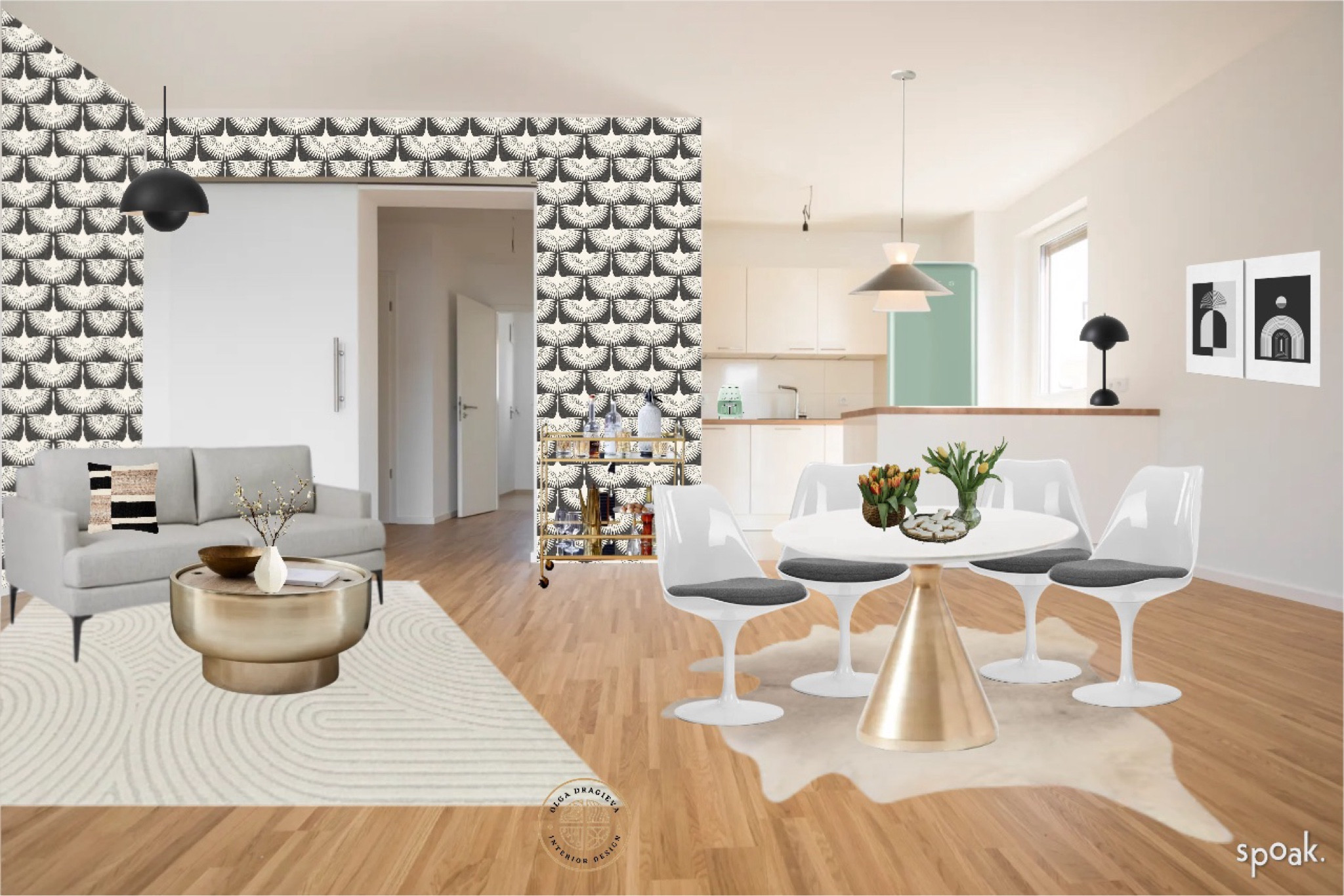 Happy Easter! Hope you are having a wonderful time with your family! Here is a stylish mid-century modern living room with tulip dining chairs, tulip round table, a grey sofa from West Elm, cowhide rug, mid-century pendant and flowerpot lamp. A fun black & white wallpaper. 

#LTKhome #LTKSeasonal #LTKstyletip