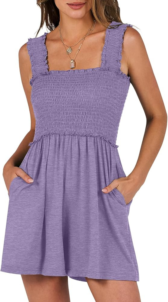 Caracilia Women's Summer Casual Smocked Rompers Square Neck Sleeveless Loose Shorts Jumpsuit 2026... | Amazon (US)