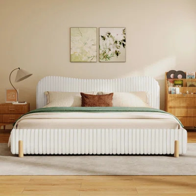 Queen Boucle Upholstered Bed Frame with White Wavy Headboard and Vertical Stitching, Sleek Modern Platform Bed | Wayfair North America