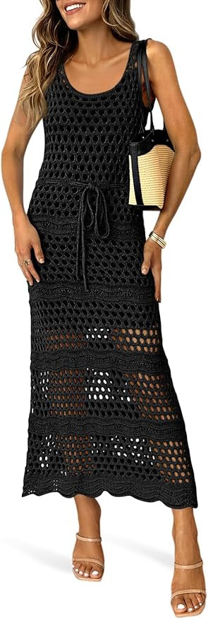 Saodimallsu Womens Crochet Beach Cover Up Dress Sleeveless Scoop Neck Drawstring Long Dresses Sum... | Amazon (US)