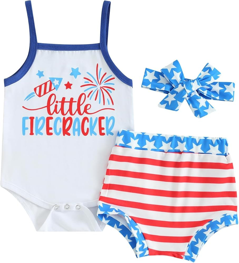 Ayalinggo Newborn Baby Girl My First 4th Of July Outfit Set Little Firecracker Romper Sleeveless ... | Amazon (US)