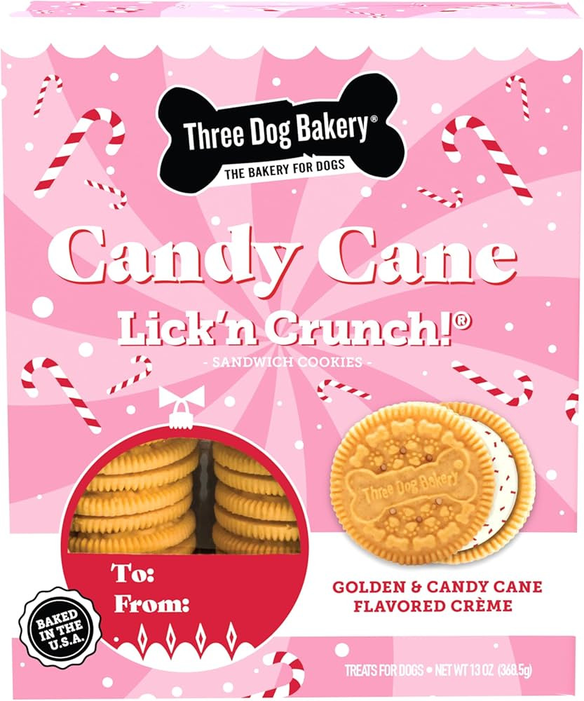 Three Dog Bakery Candy Cane Lick'n Crunch, Vanilla Cookie w/Vanilla Crème Flavored Filling with ... | Amazon (US)