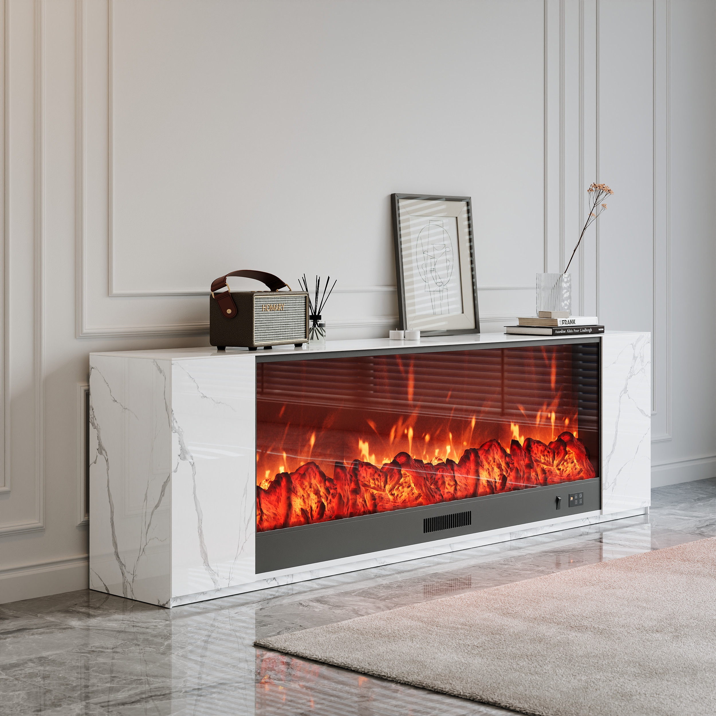 87" Modern White Marble Veneer Sintered Stone Electric Fireplace TV Stand with Remote Control Temperature Adjustable | Homary