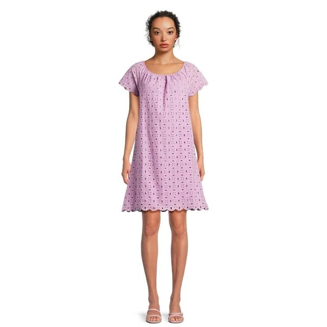 Time and Tru Women’s Eyelet Mini Dress with Short Sleeves, Sizes XS-XXXL | Walmart (US)