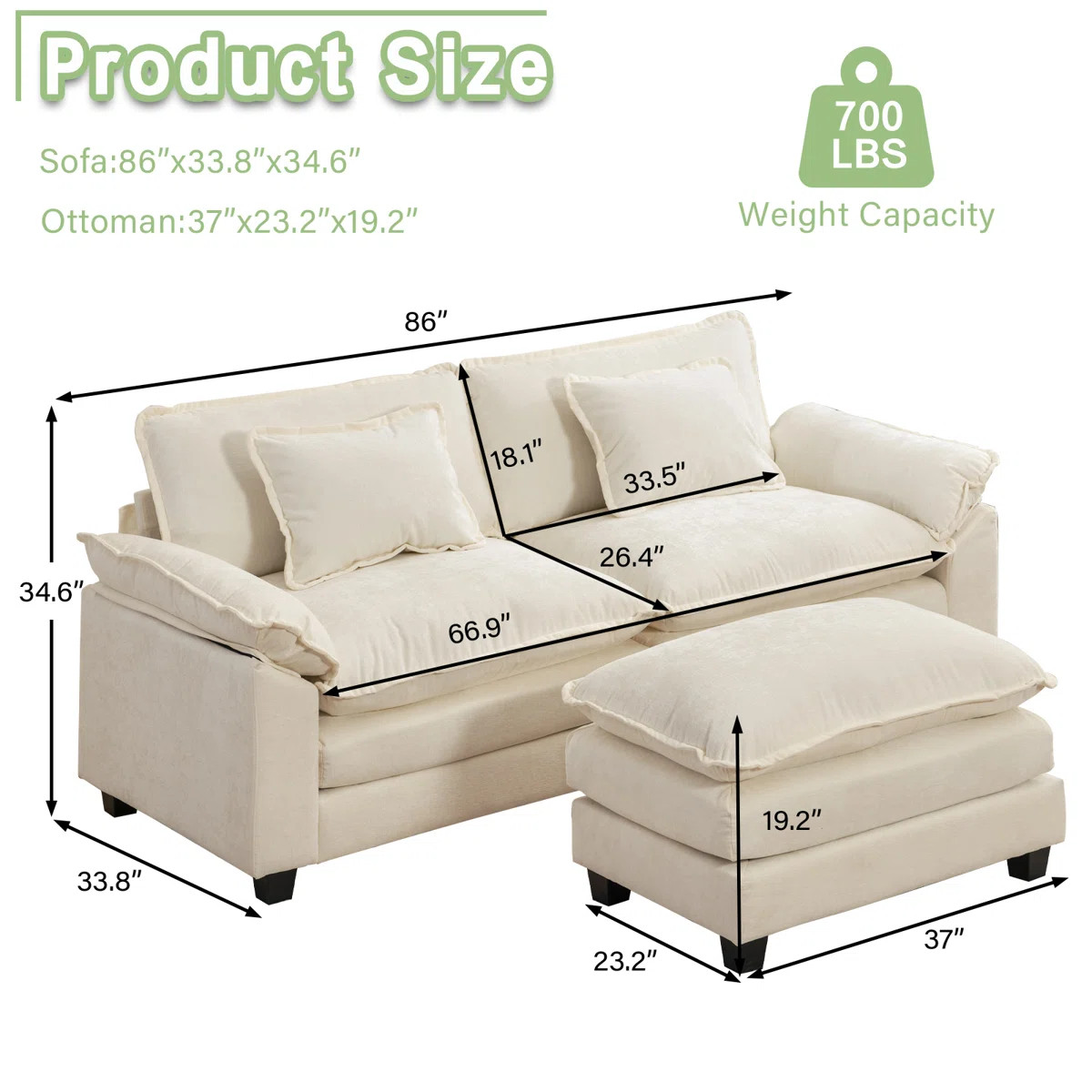 Arale 86'' Wide Comfy Cloud Couch Sectional Loveseat Sofa with Ottoman | Wayfair North America