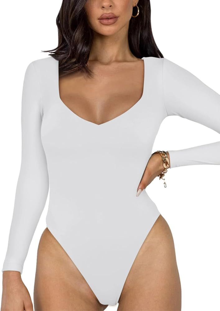 REORIA Women's Sexy V Neck Double Lined Long Sleeve Slimming Going Out Thong Bodysuits Tops | Amazon (US)