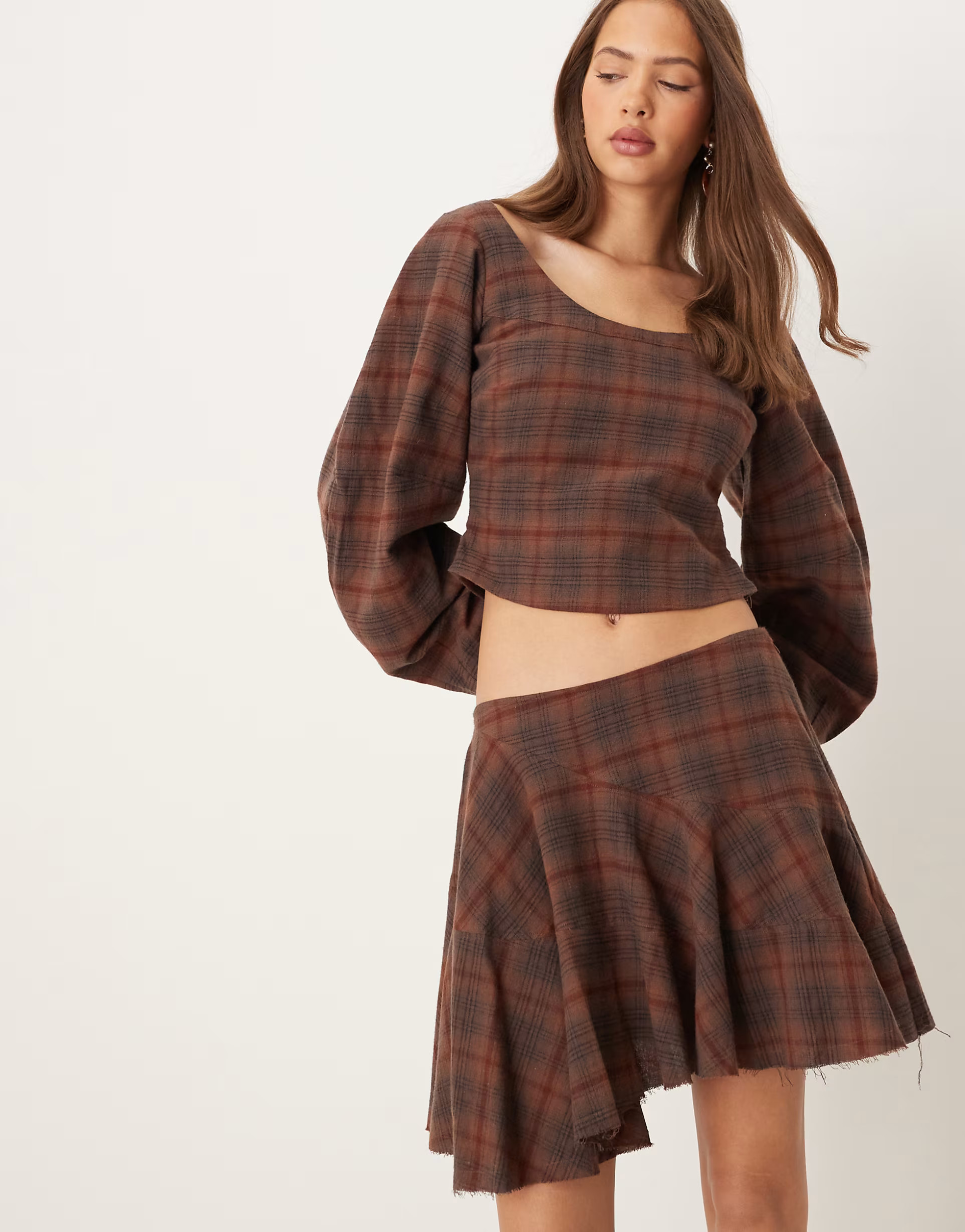 ASOS DESIGN scoop neck cocoon sleeve top set in brown check | ASOS (Global)