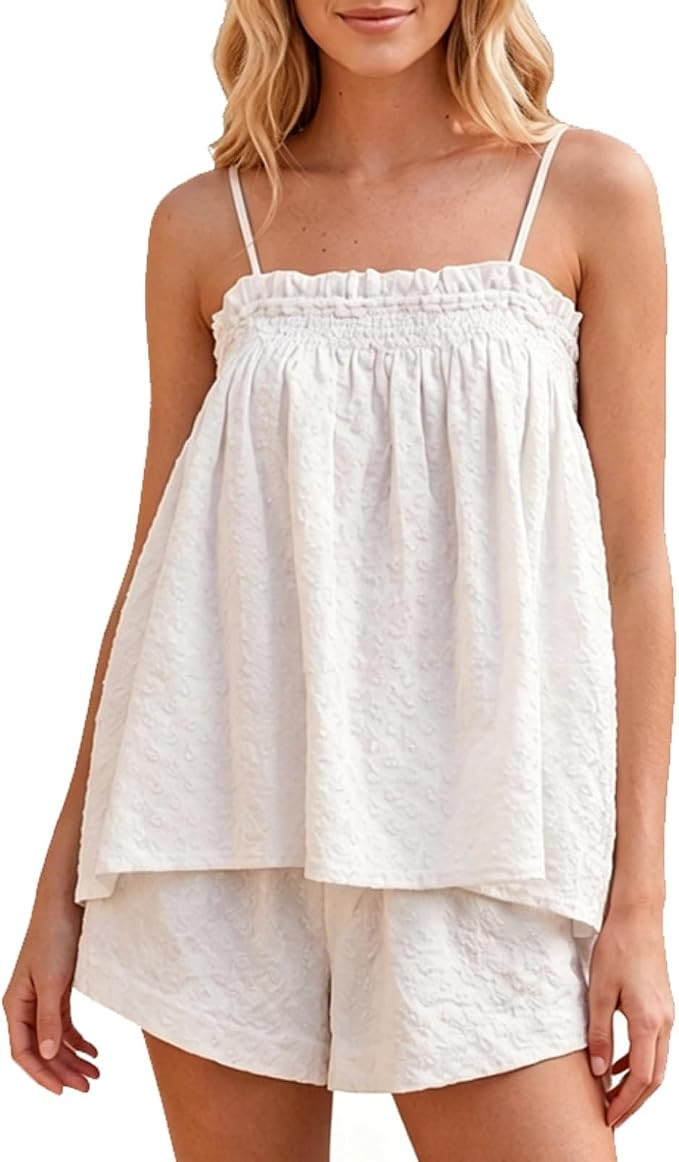 Women 2 Piece Outfit Flowy Peplum Cami Loose Fit Shorts Pajama Set | Spaghetti Strap Solid Color ... | Amazon (US)
