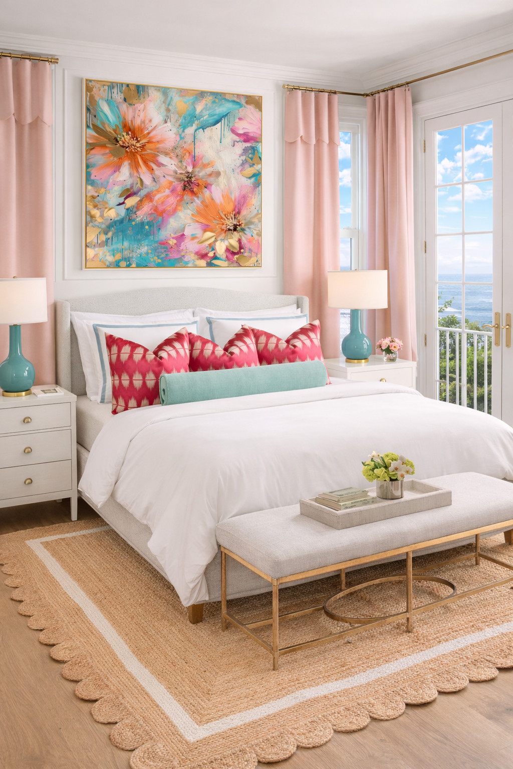 colorful bedroom decor, floral wall art, statement artwork, bold feminine bedroom, pink and turquoise bedroom, coral and teal decor, coastal glam bedroom, beach house chic, preppy coastal decor, palm beach style, southern charm bedroom, gold accents, brass hardware, chic nightstand styling, bedside table decor, layered bedding, patterned pillows, ikat pillows, blush curtains, symmetrical bedroom design, woven jute rug, scalloped rug detail, light and airy bedroom, ocean view bedroom, seaside home decor, bright and happy home, resort style bedroom, glam coastal, feminine home decor, sorority girl bedroom, dorm room inspiration, college apartment decor, bama dorm inspo, university of alabama style, preppy dorm decor, chic apartment bedroom, target home finds, amazon home favorites, pottery barn inspired, curated bedroom styling, aesthetic bedroom inspo, cozy but colorful, elevated dorm room, playful luxe decor, home styling ideas 

 

#LTKU #LTKHome #LTKSaleAlert