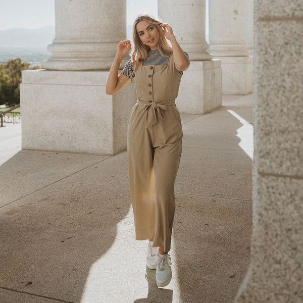 Buttoned Up Overall Jumpsuit, Heather Khaki | Albion Fit