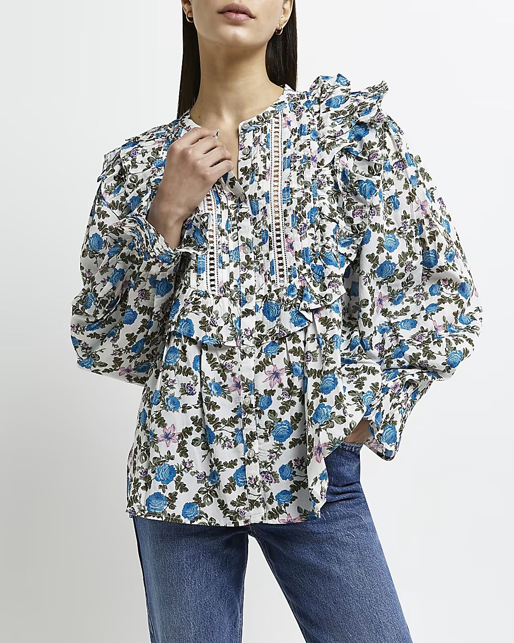 Blue floral frill shirt | River Island (UK & IE)