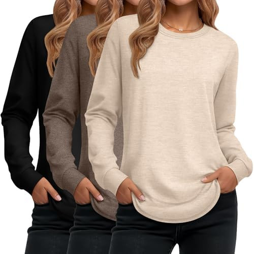 Ficerd 3 Pack Women's Long Sleeve Shirts, Cotton Crew Neck Tunic Tops Casual Loose Fit Pullover S... | Amazon (US)