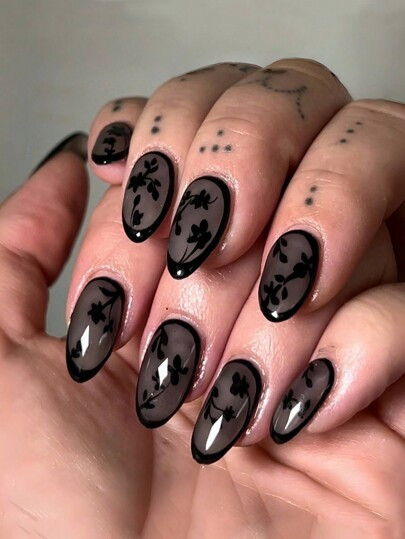 24 pezzi di adesivi per unghie a forma di mandorla di media lunghezza con bordo nero e rose nere ... | SHEIN