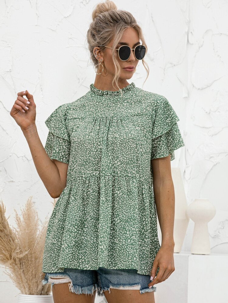 All Over Print Ruffle Neck Babydoll Blouse | SHEIN
