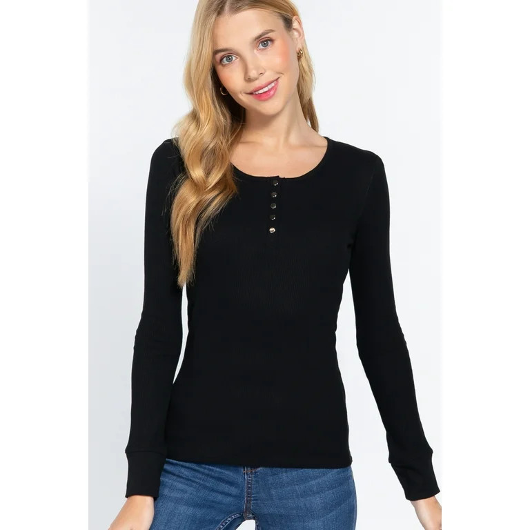 Women's Basic Henley Thermal Long Sleeve Knit T-Shirt w/ Buttons | Walmart (US)