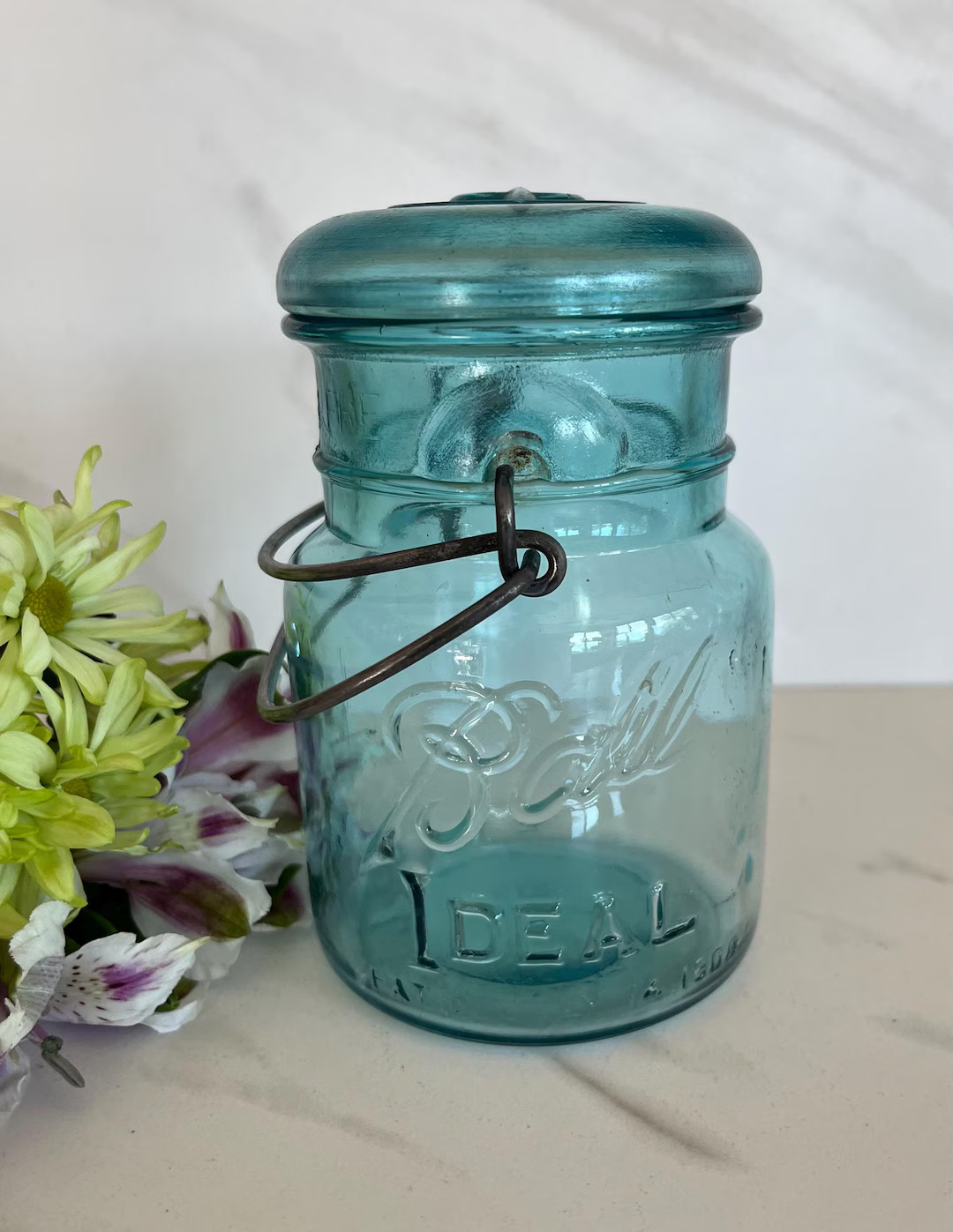 Antique Vintage Ball Blue Tint Glass Mason Lightening Jar With Glass Lid Metal Wire Bale. Marked ... | Etsy (US)