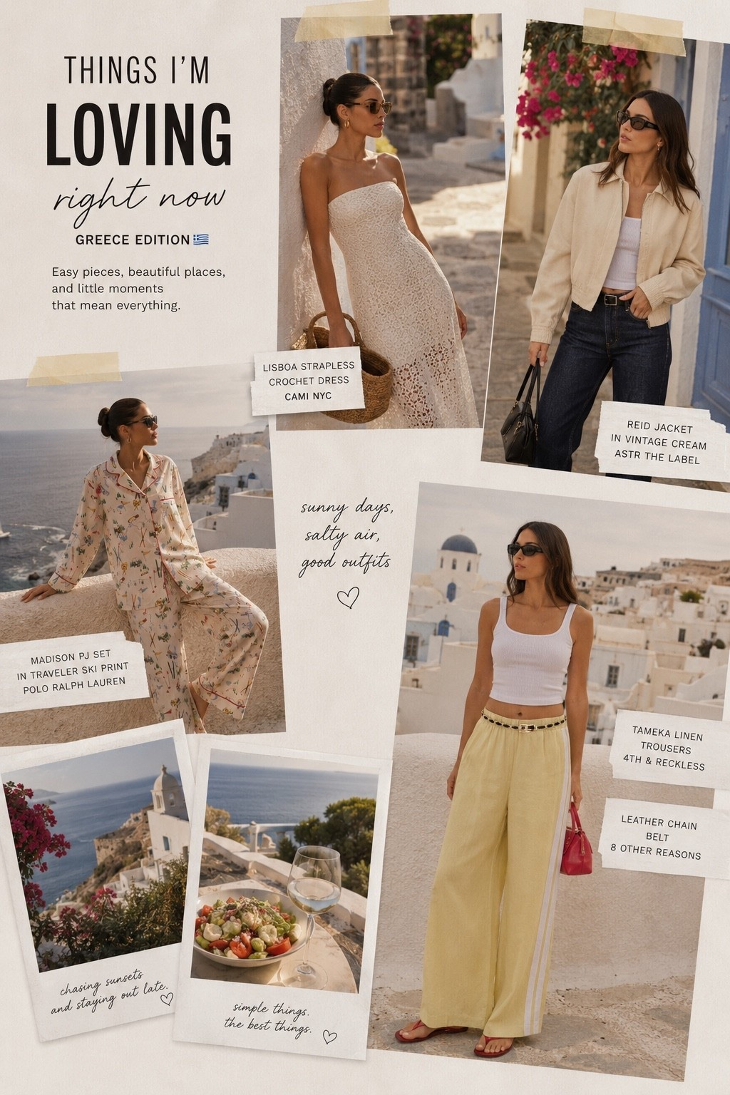 Currently dreaming of slow mornings, salty air, sunset dinners, and outfits that feel effortlessly chic ☁️🇬🇷
These are the pieces I’m loving right now for a Greece-inspired summer — airy linen pants, crochet dresses, soft neutrals, relaxed sets, and elevated basics that make getting dressed feel easy.
A little Mediterranean moodboard for the girls who romanticize everything

Greece outfit inspiration, Mediterranean summer outfits, Santorini style, Revolve summer fashion, crochet dress outfit, linen pants outfit ideas, effortless vacation style, Euro summer aesthetic, resort wear inspiration, neutral outfit ideas, coastal chic fashion, vacation outfits for women, elevated basics, old money summer style, Greek island fashion, summer travel outfits, quiet luxury style, chic resort looks, summer capsule wardrobe, feminine vacation outfits

#LTKootd #LTKgrwm