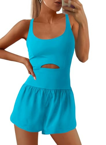 SENSERISE Womens Workout Rompers Athletic Romper Running Onesie One Piece Exercise Jumpsuits Gym Yoga Outfits(Bright Blue,L) | Amazon (US)