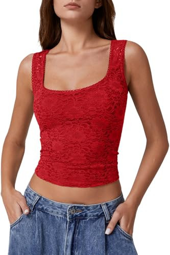 QINSEN Woman's Basic Lace Top Sleeveless Square Neck Tee Shirt Bodycon Tank Top Red M | Amazon (US)