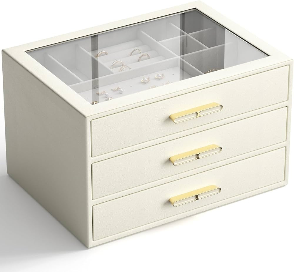 Jewelry Box with Glass Lid, 3-Layer Jewelry Organizer, 3 Drawers, for Big and Small Jewelry, Earr... | Amazon (US)
