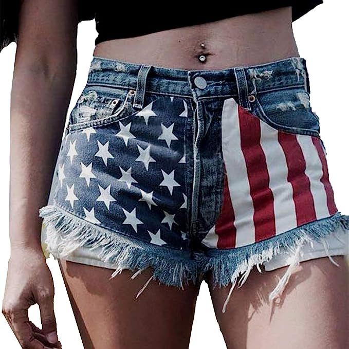 Cffvdiz 4Th of July Shorts Women American Flag Print Sexy Denim Jean Shorts Hot Pants | Amazon (US)