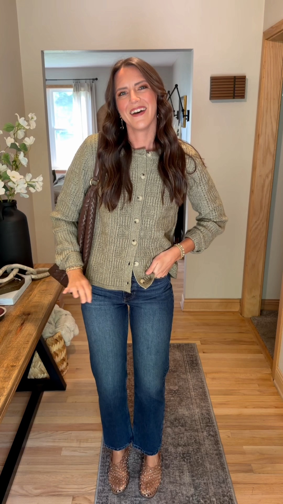 Walmart try on part 2

Green cardigan - medium 
Waffle pullovers - sized up to a large
Stripe long sleeve - medium