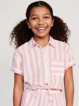 Short-Sleeve Cropped Linen-Blend Tie-Front Top for Girls | Old Navy (US)